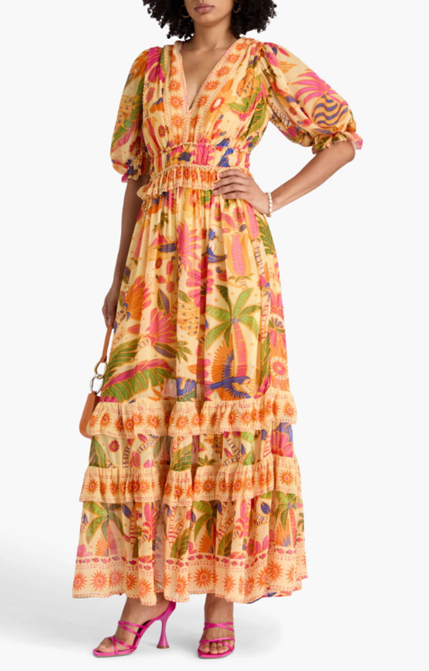 FARM Rio Georgette Tapestry Maxi Dress Floral Multicolor V Neck Sz M Ruffle Boho